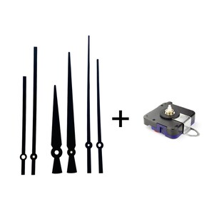 May include: A clock movement kit with a black clock motor and a selection of black clock hands. The hands are in different lengths, and the motor is square with a gold-coloured spindle. The hands are designed for a clock.