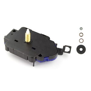 Peut inclure: Un mouvement d'horloge noir avec une bordure bleue et une broche de couleur laiton. Plusieurs petites rondelles et un œillet en caoutchouc noir se trouvent à droite du mouvement de l'horloge. Le mouvement de l'horloge est une pièce mécanique.