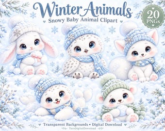 Könnte beinhalten: Digitales Clipart-Set mit dem Titel Winter Animals Snowy Baby Animal Clipart mit 20 PNG-Dateien. Das Bild zeigt fünf weiße Tierbabys, darunter ein Hase, eine Eule, ein Fuchs, eine Robbe und ein Bär, die alle blaue oder grüne Strickmützen tragen.