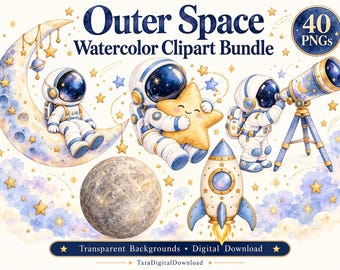 Könnte beinhalten: Outer Space Aquarell Clipart-Paket 40 PNGs mit Astronauten, einer Mondsichel, einem Planeten, einer Rakete und einem Teleskop. Die Illustrationen zeigen einen Astronauten auf dem Mond, einen mit einem Stern und einen am Teleskop.