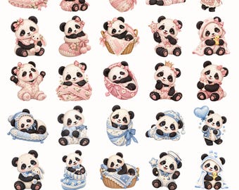 Könnte beinhalten: Eine digitale Sammlung von 30 Illustrationen mit Babypandas in verschiedenen Posen, darunter schlafend, sitzend und spielend mit Zubehör. Das Set enthält Designs in Rosa für Mädchen und in Blau für Jungen.
