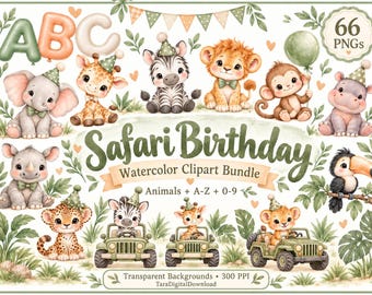 Könnte beinhalten: Ein digitales Aquarell-Clipart-Paket mit dem Titel Safari Birthday, das 66 PNG-Dateien von Safari-Babytieren enthält, darunter Elefant, Giraffe, Zebra, Löwe, Affe, Flusspferd, Nashorn, Leopard und Tukan, teilweise in grünen Jeeps, mit ABC-Buchstaben.