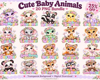 Könnte beinhalten: Ein digitales Set aus 20 PNG-Illustrationen mit niedlichen Tierbabys, darunter ein Drache, eine Kuh, ein Stinktier, ein Küken, ein Elefant, eine Schildkröte, eine Giraffe, ein Löwe, ein Tiger, ein Hase, ein Bär, ein Fuchs, ein Lamm, ein Panda, ein Koala, ein Reh, ein Pinguin und ein Otter, alle mit Blumenkränzen geschmückt.