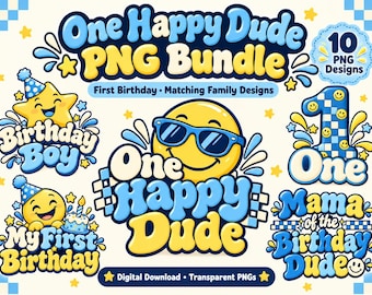 Könnte beinhalten: Ein digitales Paket mit 10 PNG-Designs mit gelben Smileys, blauen Karomustern und Sternen. Der Text umfasst One Happy Dude, Birthday Boy, My First Birthday, One und Mama of the Birthday Dude in blauer und gelber Blasen-Schriftart.