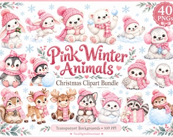 Könnte beinhalten: Ein digitales Clipart-Paket mit dem Titel Pink Winter Animals Christmas Clipart Bundle, das 40 PNG-Dateien verschiedener Tiere wie Kaninchen, Bär, Pinguin, Eule, Reh und Waschbär enthält, die alle rosa Wintermützen und Schals tragen.