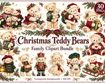 Könnte beinhalten: Ein digitales Clipart-Paket mit 30 PNG-Bildern von Teddybären in weihnachtlicher Kleidung. Die Sammlung enthält Bären in festlichen Pullovern, Weihnachtsmannkostümen, Nussknacker-Uniformen und Engelsgewändern, verziert mit Tannenzweigen.