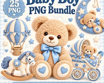 Könnte beinhalten: Eine digitale Sammlung von 25 PNG-Bildern mit einem Teddybären mit blauer Schleife, einem Heißluftballon, einem Schaukelpferd, einem Kinderwagen mit Bär und einem Bären auf einer Mondsichel, alles in Blau- und Cremetönen.
