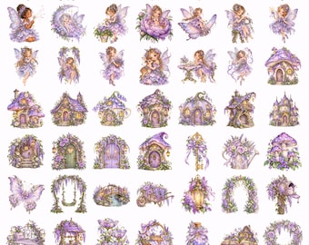 Könnte beinhalten: Eine Sammlung von 52 Aquarellillustrationen mit Feen, Häuschen und Gartenelementen in Violett- und Lavendeltönen. Der Text lautet 52 Magical Fairy Garden PNGs, Watercolor fairies, Fairy doors, Cottages, Garden treasures.