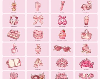 Könnte beinhalten: Eine Sammlung von 24 rosa digitalen Stickern mit Illustrationen von Eiskaffee, Becher, Lipgloss, Kamera, Kopfhörern, Schleifen, Kirschen, Boba-Tee, Büchern, Herzkuchen, Cupcake, Tasche, Nagellack, Parfüm, Sonnenbrille, Rollschuhen, Planer, Ballerinas und Text.