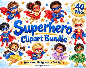Könnte beinhalten: Eine digitale Sammlung von 40 Superhelden-Cliparts mit verschiedenen Kindern in bunten Kostümen mit Umhängen und Masken. Der Text lautet Superhero Clipart Bundle, 40 PNGs, Transparent Backgrounds, 300 PPI und TaraDigitalDownload.