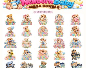 Könnte beinhalten: Eine digitale Sammlung von 25 einzigartigen Teddybär-Illustrationen mit verschiedenen Themen, Outfits und Accessoires. Jeder Bär wird von farbenfrohen Textphrasen wie Little Cuddle, Dream Big und Hello Baby begleitet, die in einem Raster angeordnet sind.