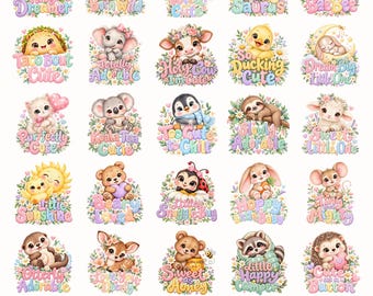 Könnte beinhalten: Eine digitale Sammlung von 30 Baby-Tierillustrationen mit Einhorn, Löwe, Fuchs, Dinosaurier, Biene, Taco, Elefant, Kuh, Ente, Kaninchen, Katze, Koala, Pinguin, Faultier, Lamm, Küken, Bär, Marienkäfer, Maus, Otter, Reh, Waschbär, Igel, Panda, Giraffe und Babyflasche.