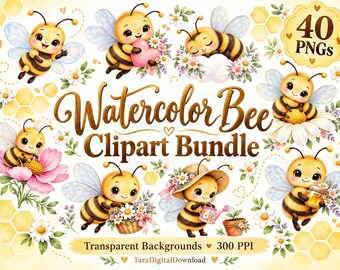 Könnte beinhalten: Ein digitales Clipart-Paket mit 40 Aquarell-Bienen-Illustrationen mit Blumen, Herzen und Honigtöpfen. Der Text lautet Watercolor Bee Clipart Bundle, 40 PNGs, Transparent Backgrounds, 300 PPI und TaraDigitalDownload.
