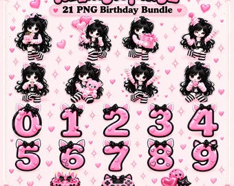 Könnte beinhalten: Eine digitale Sammlung mit dem Titel itz_myloplayz 21 PNG Birthday Bundle, die Illustrationen einer Figur mit langem schwarzem Haar und Katzenohren, rosa und schwarze Zahlen von null bis neun, eine Geburtstagstorte und einen Controller enthält.
