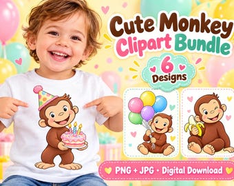 Könnte beinhalten: Ein digitales Grafikpaket mit sechs niedlichen Affenmotiven. Die Illustrationen zeigen einen Affen mit Partyhut und Geburtstagstorte, einen Affen mit bunten Luftballons und einen Affen, der eine Banane isst. Der Text lautet Cute Monkey Clipart Bundle, 6 Designs, und PNG + JPG Digital Download.