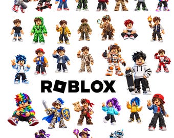 Könnte beinhalten: Eine Sammlung verschiedener Roblox-Charakterfiguren in unterschiedlichen Outfits und Posen, darunter ein Ritter, ein Astronaut, ein Zauberer und ein Skateboarder, angeordnet um das schwarze Roblox-Logo. Die Figuren tragen bunte Kleidung und Accessoires.