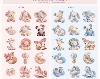 Könnte beinhalten: Ein digitales Paket mit 30 Häkel-Optik-Designs für Neugeborene, bestehend aus 15 Mädchen- und 15 Jungen-Illustrationen. Die Sammlung enthält verschiedene Tiere, Kinderwagen und Babyschuhe in Rosa- und Blautönen mit Text.