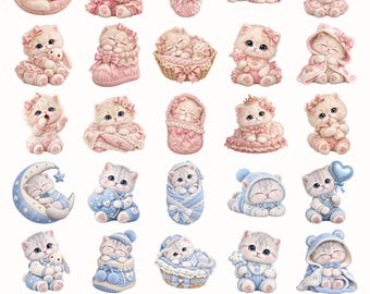 Könnte beinhalten: Eine digitale Sammlung von 30 Illustrationen neugeborener Katzenbabys, 15 in zartem Rosa und 15 in Blau. Die Kätzchen sind in verschiedenen Posen dargestellt, schlafend in Körben oder mit Mützen. Text: 30 Newborn Baby Kittens, 15 Girl + 15 Boy | Soft Pink and Blue, Individual Transparent PNGs | Digital Download.