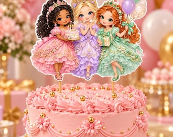 Könnte beinhalten: Ein Tortenaufleger mit drei illustrierten Prinzessinnen in rosa, lila und grünen Kleidern. Die linke Prinzessin hält eine kleine Torte, die mittlere Prinzessin trägt eine Krone und die rechte Prinzessin hält ein Geschenk und bunte Luftballons.