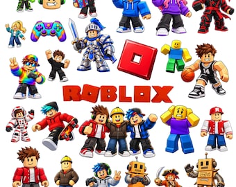 Könnte beinhalten: Eine Sammlung von Roblox-Aufklebern mit verschiedenen blockartigen Charakteren, darunter ein Ritter mit Schwert, ein Basketballspieler, ein Pirat, Roboter und ein Astronaut, sowie ein bunter Game-Controller und das rote Roblox-Logo als Text.