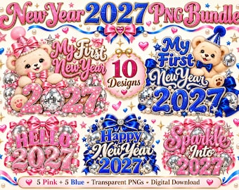 Könnte beinhalten: Ein digitales Grafikpaket mit zehn Neujahrsdesigns für 2027. Die Sammlung enthält Illustrationen von Teddybären, Discokugeln, Schleifen und Perlen in Rosa und Blau. Der Text umfasst New Year 2027 PNG Bundle, My First New Year, 10 Designs, Hello 2027, Happy New Year 2027, Sparkle Into 2027 sowie 5 Pink + 5 Blue Transparent PNGs Digital Download.