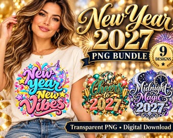 Könnte beinhalten: Ein cremefarbenes T-Shirt mit einer bunten Grafik mit dem Text New Year New Vibes, einer Discokugel und Sternen. Das Bild enthält zusätzliche digitale Designs mit dem Text New Year 2027, Cheers to 2027 und Midnight Magic 2027.
