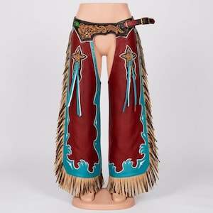 Jambières en cuir travaillé – Jambières de cowgirl en cuir bordeaux, pantalon d'équitation western à franges turquoise et or, tenue de rodéo