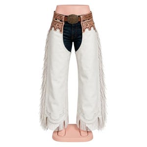 Tooling Leather Chaps – Leather Chaps, White Western Fringe With Tooled Floral Waist Belt | Handcrafted in Sialkot | Made to Order