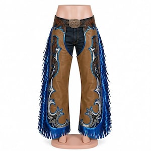 Tooling Leather Chaps – Tooled Western Leather Chaps, Blue Fringe Tan Rodeo Wear