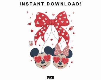 Diseño de bordado de pareja con lazo de San Valentín - Caras de dibujos animados con ojos de corazón - Descarga instantánea para PES