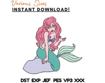 Disegno da ricamo principessa sirena, ragazza sottomarina seduta su una roccia (download immediato)