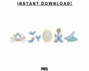 Paquete de diseños de bordado de Cenicienta – Motivos de cuento de hadas (PES, descarga digital)