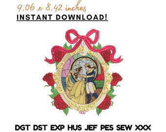 Ricamo de La Bella e la Bestia, Principesse, Coppia, Cornice Floreale, Specchio - File scaricabile immediatamente