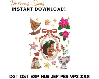 Paquete de diseños bordados de princesas isleñas: niña del océano tropical, cerdito y gallo (descarga instantánea)