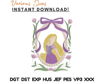 Diseño de bordado de princesa de pelo largo, marco de retrato de cuento de hadas (descarga instantánea)