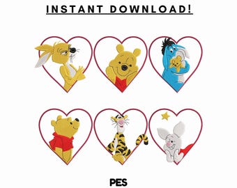 Diseño de bordado de corazón de Winnie the Pooh y sus amigos – Día de San Valentín (PES, descarga digital)