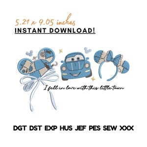 Diseño de bordado de orejas de ratón con patchwork de coche de dibujos animados azul (descarga digital)