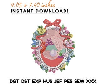 Ricamo Principessa Conchiglia con Cornice Ovale Floreale Tema Oceano - File Scaricabile Immediatamente