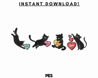 Diseños de bordado de corazón de San Valentín con gato negro – Descarga instantánea PES