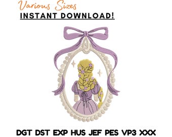 Ricamo con treccia floreale della principessa Rapunzel, cornice cammeo da fiaba (download immediato)