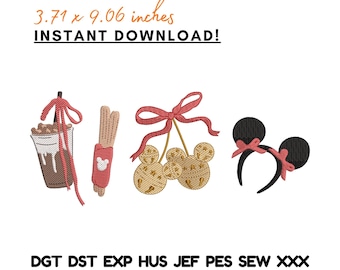 Ricamo di snack al caffè con orecchie di topo, biscotti e churros - Download immediato. Ricamo di cibo carino