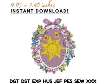 Ricamo Principessa del Sole, cornice floreale, ritratto ovale ispirato a Raperonzolo - File scaricabile immediatamente