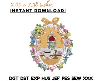 Bellissimo ricamo a rosa, cornice floreale per specchio, tazza da tè, candela, ispirato alle principesse - Download immediato