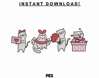 Diseño de bordado de gato para San Valentín – Regalo para amantes de las mascotas (PES, descarga digital)