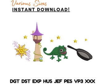 Paquete de diseños de bordado de Rapunzel: Sol de cuento de hadas, Torre, Camaleón y Sartén (Descarga instantánea)