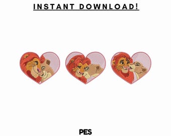 Diseño de bordado de pareja de leones y corazón – Archivo de bordado a máquina para el Día de San Valentín (PES, descarga digital)