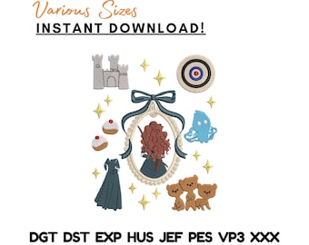Paquete de diseños de bordado de Princesa Valiente, descarga instantánea de oso del Castillo Arquero, archivo de bordado a máquina de cuento de hadas