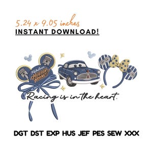 Diseño de bordado de orejas de ratón con patchwork de coche azul vintage (descarga digital)