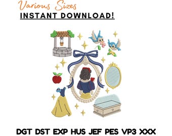 Paquete de diseños de bordado de la Princesa Blancanieves, bordado a máquina de cuento de hadas (descarga instantánea)