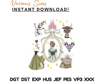 Pacchetto di disegni da ricamo per la principessa Anna, download immediato del castello con pupazzo di neve e renne, file per ricamo a macchina invernale